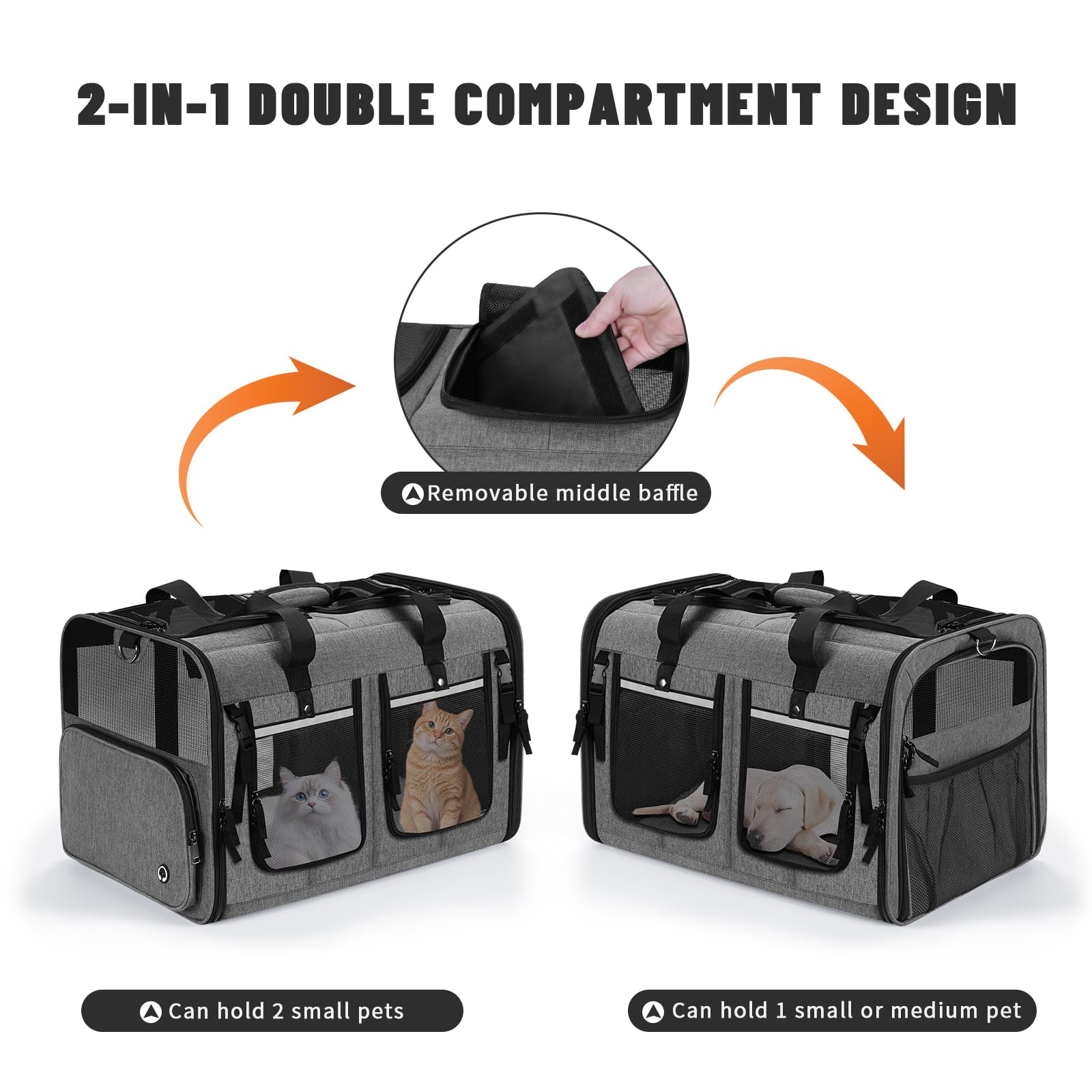 Groxkox cat carrier dual-compartment design supports two pets safely.