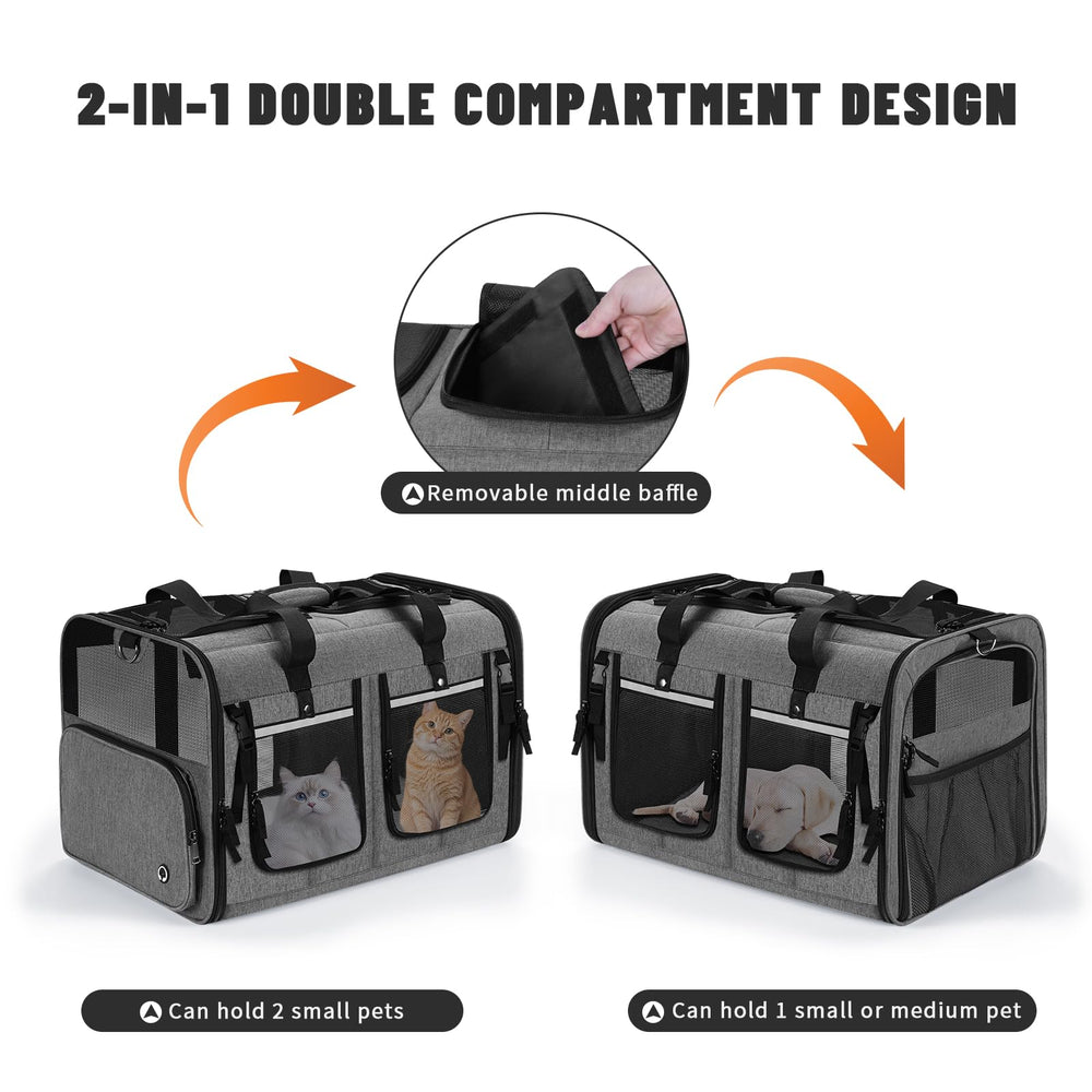 Groxkox cat carrier dual-compartment design supports two pets safely.