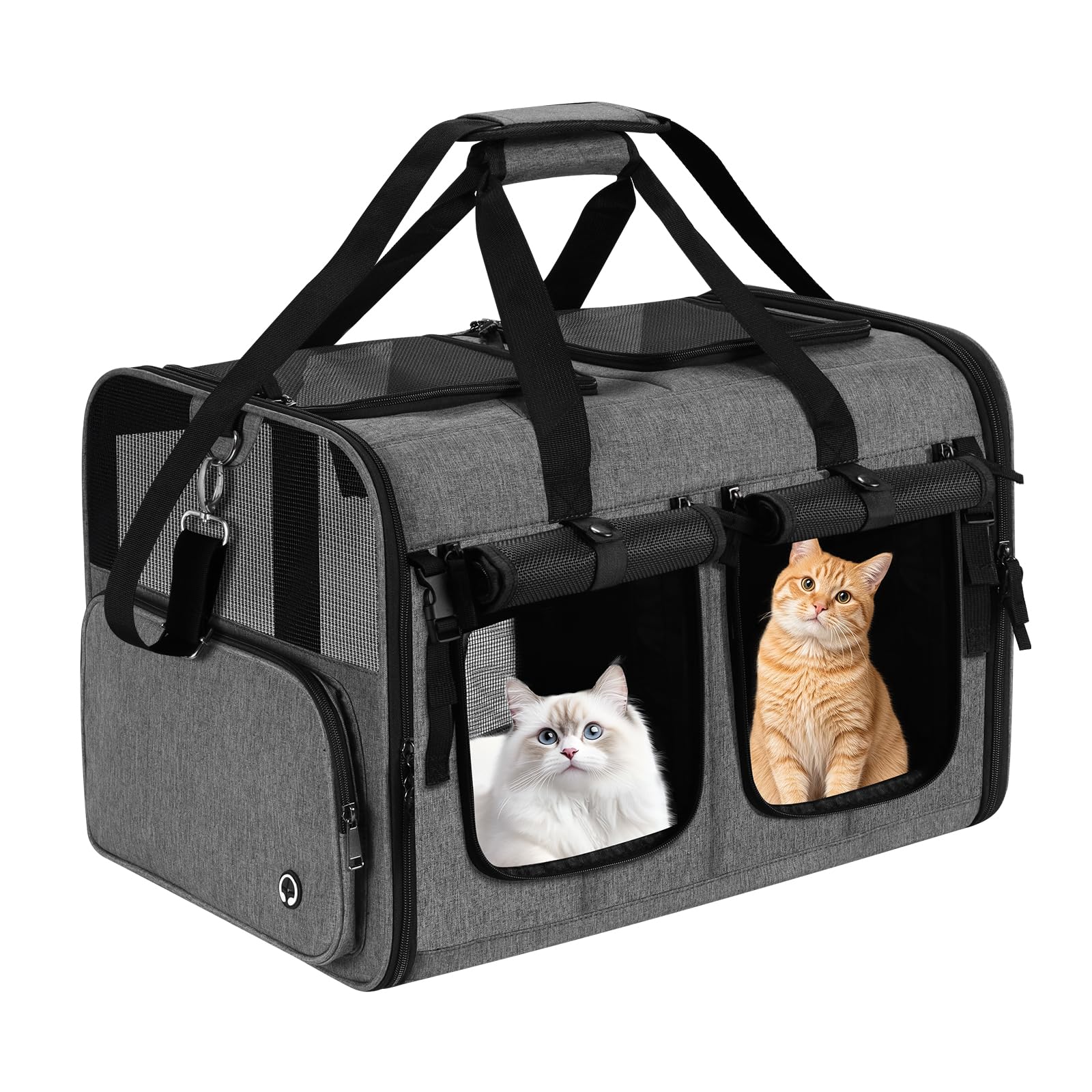 Groxkox two-cat carrier foldable camelback front compartments for easy access on trips.