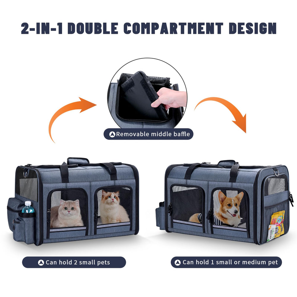 Groxkox two-pets carrier front zipper compartments for quick access.