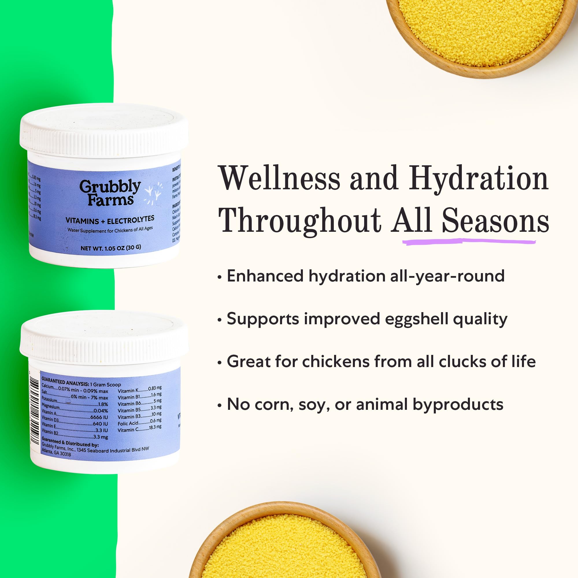 Grubbly Farms electrolytes for water; dissolves clear and mixes smoothly.