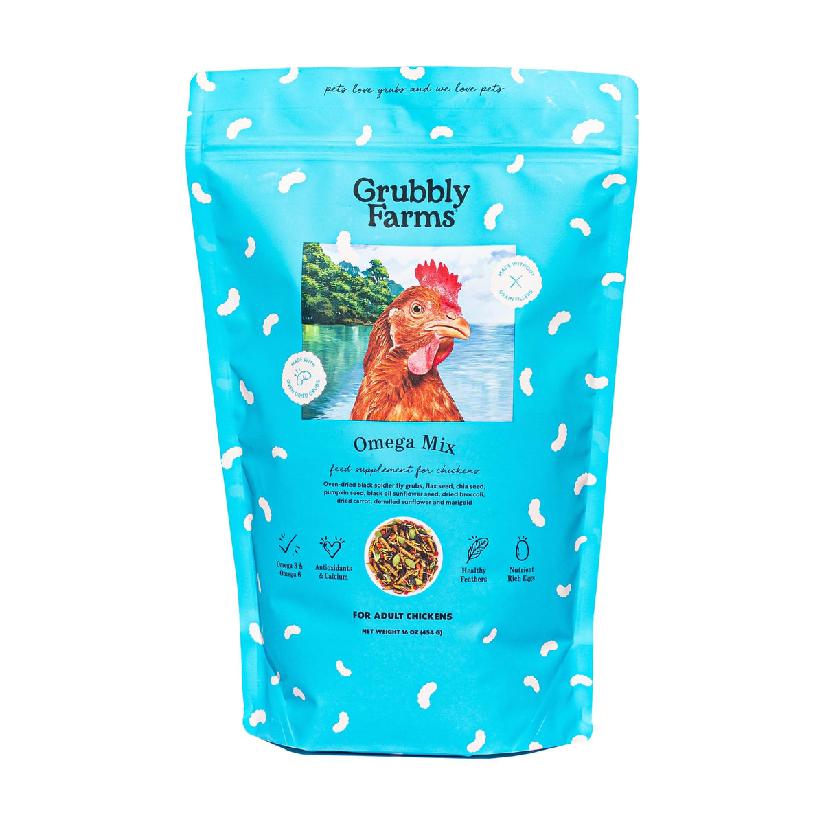 Grubbly Farms Omega Mix bottle label showing omega-rich treats for healthier eggs