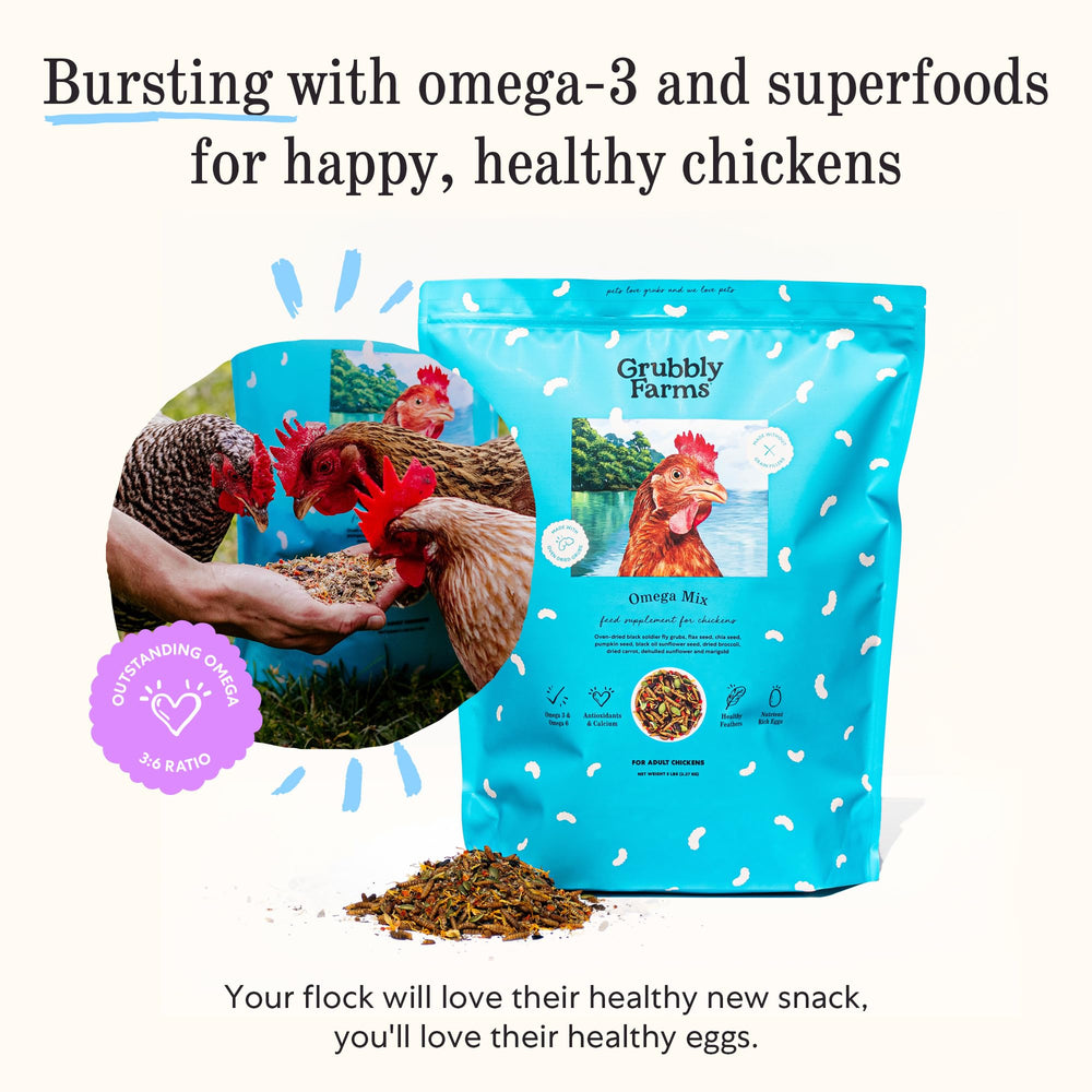 Grubbly Farms Omega Mix ingredients – black soldier fly grubs and seeds for balanced protein.