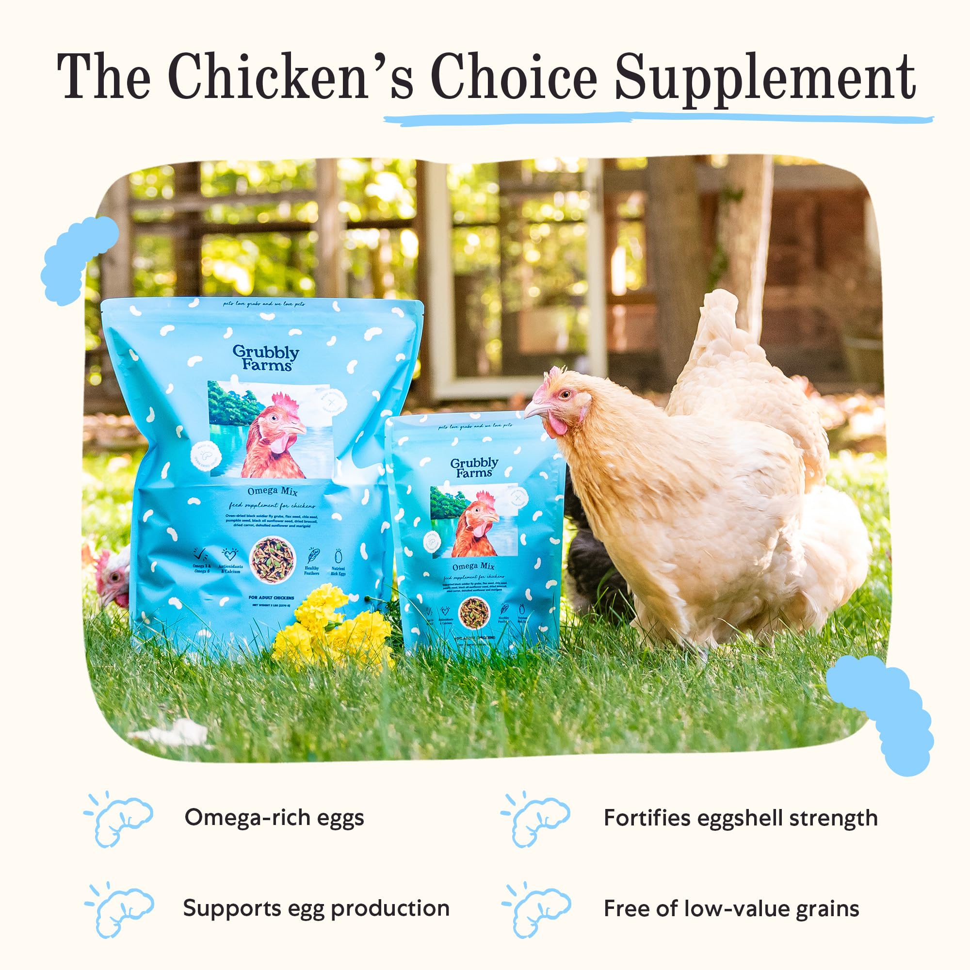 Grubbly Farms Omega Mix sustainable sourcing – natural, soy- and corn-free poultry nutrition.