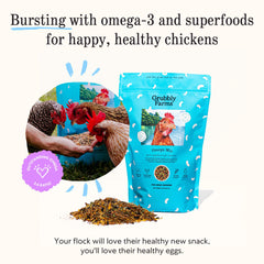 Grubbly Farms Omega Mix sprinkled on feed for consistent daily nutrition