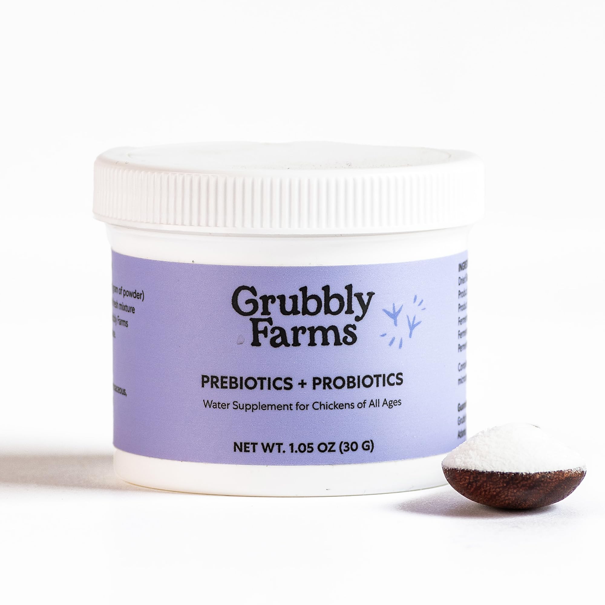 Grubbly Farms prebiotics probiotics powder in a tub supports gut health in chickens