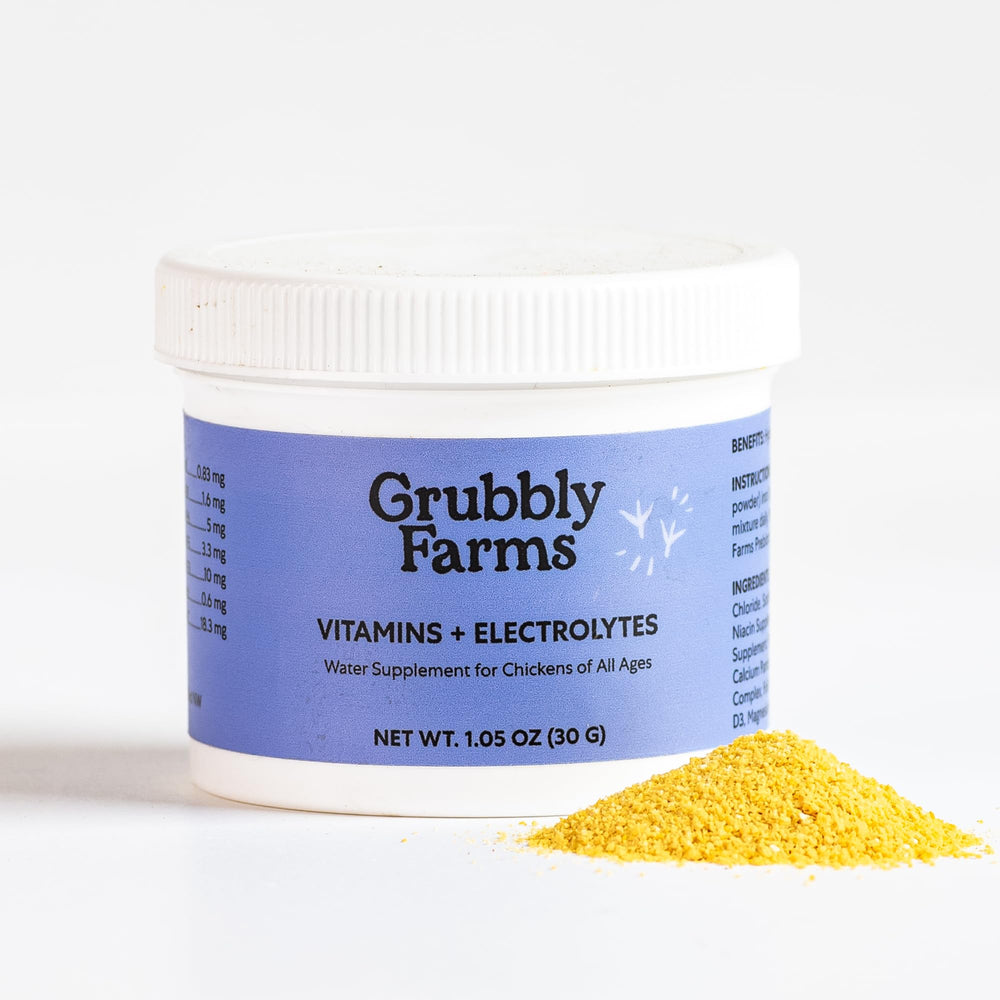 Grubbly Farms vitamins-electrolytes powder for water; dissolves easily to support hydration.