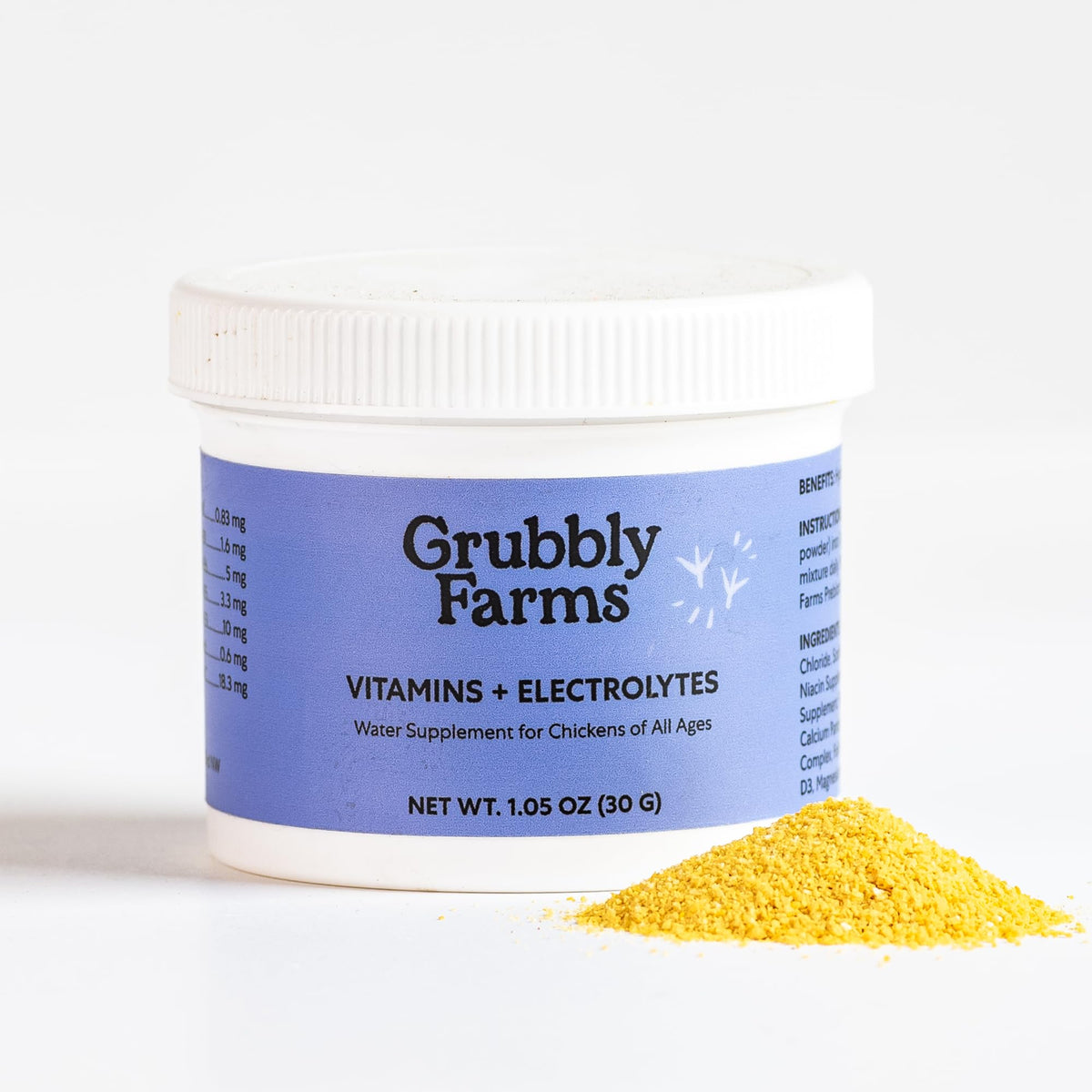 Grubbly Farms vitamins-electrolytes powder for water; dissolves easily to support hydration.