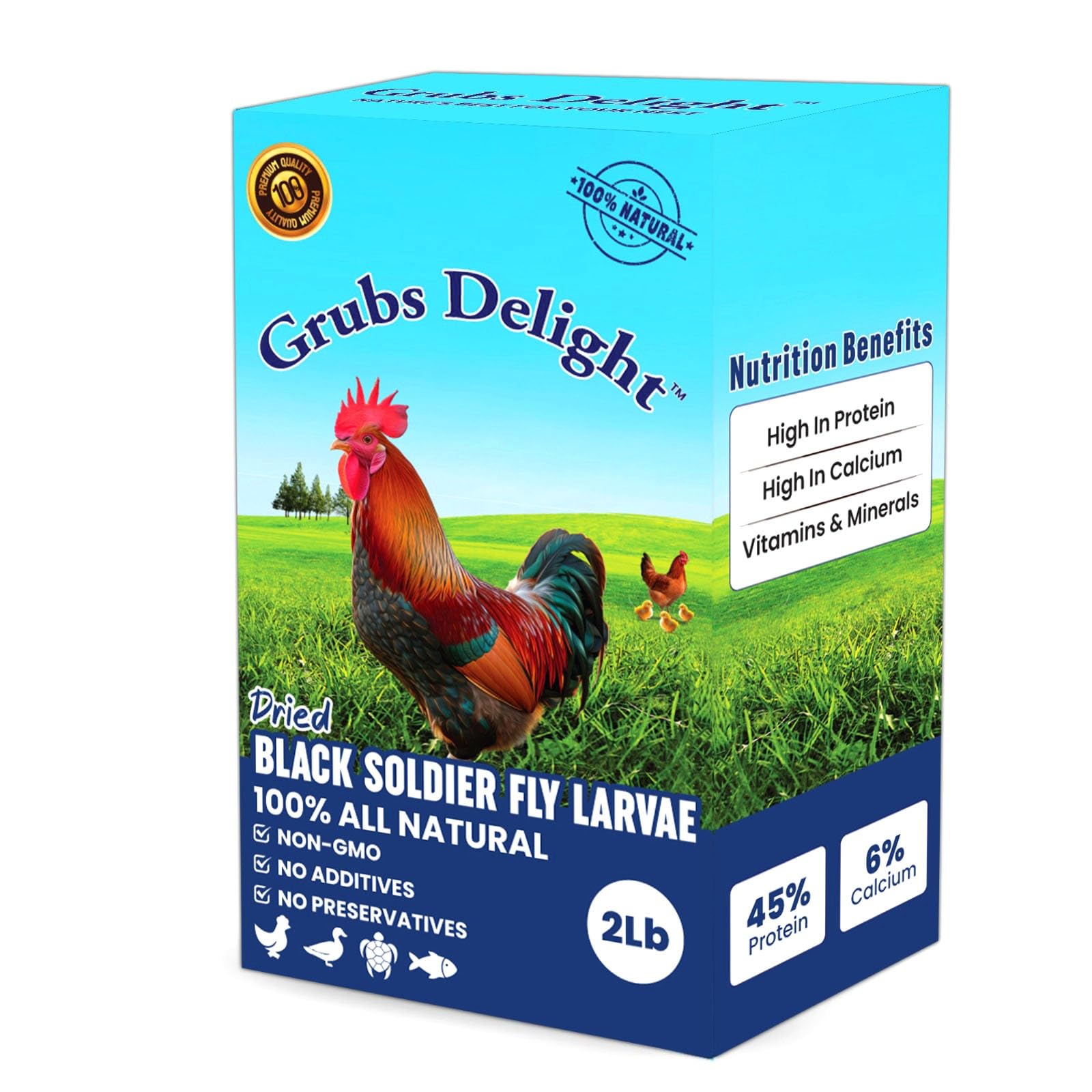 Grubs Delight bag close-up of dried BSFL larvae for calcium-rich poultry treats.