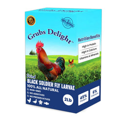 Grubs Delight bag close-up of dried BSFL larvae for calcium-rich poultry treats.