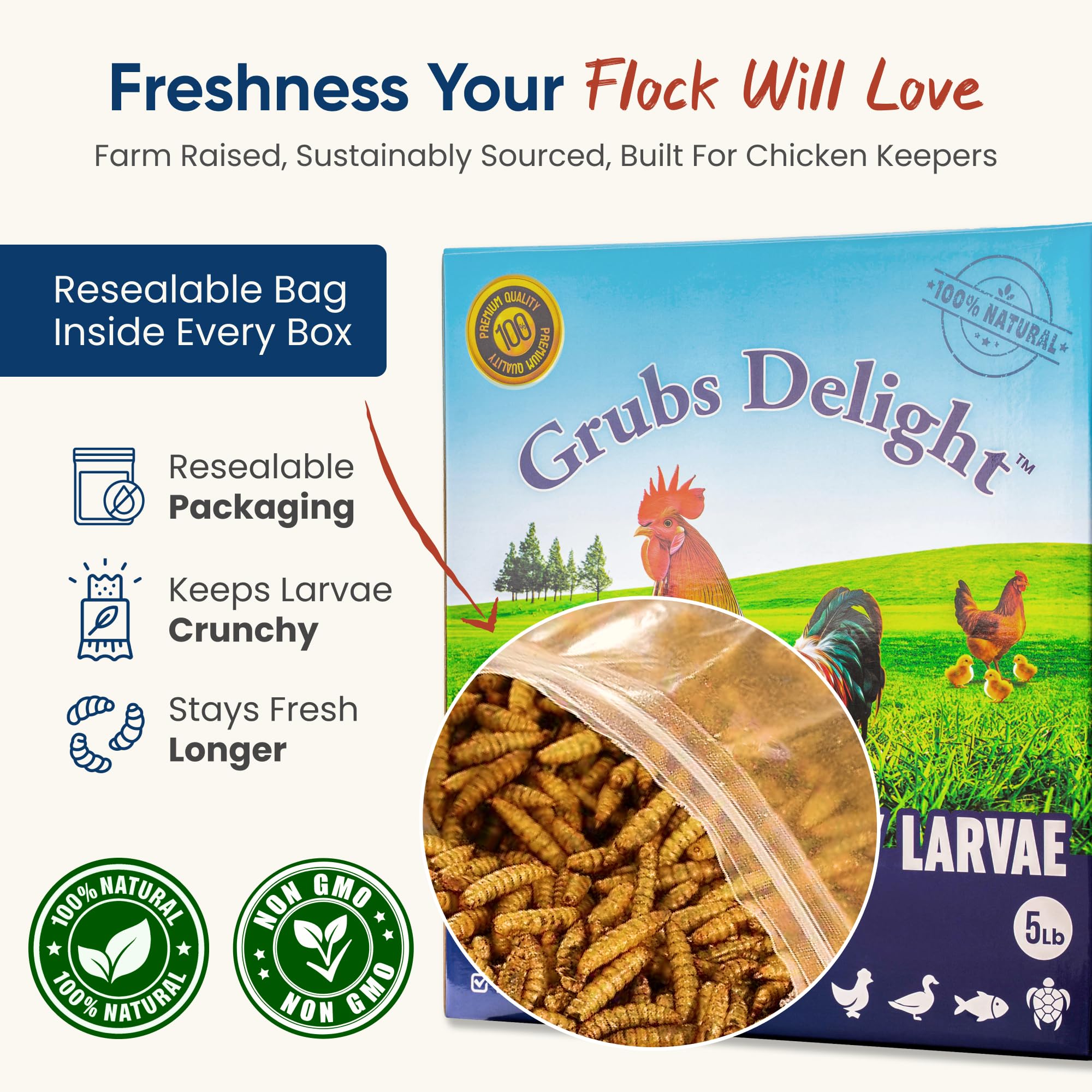 Grubs Delight sustainable sourcing badge shown for eco-friendly poultry treats.