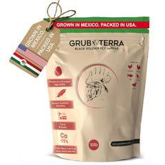 GrubTerra BSFL dried larvae packaging for fresh storage and easy feeding.