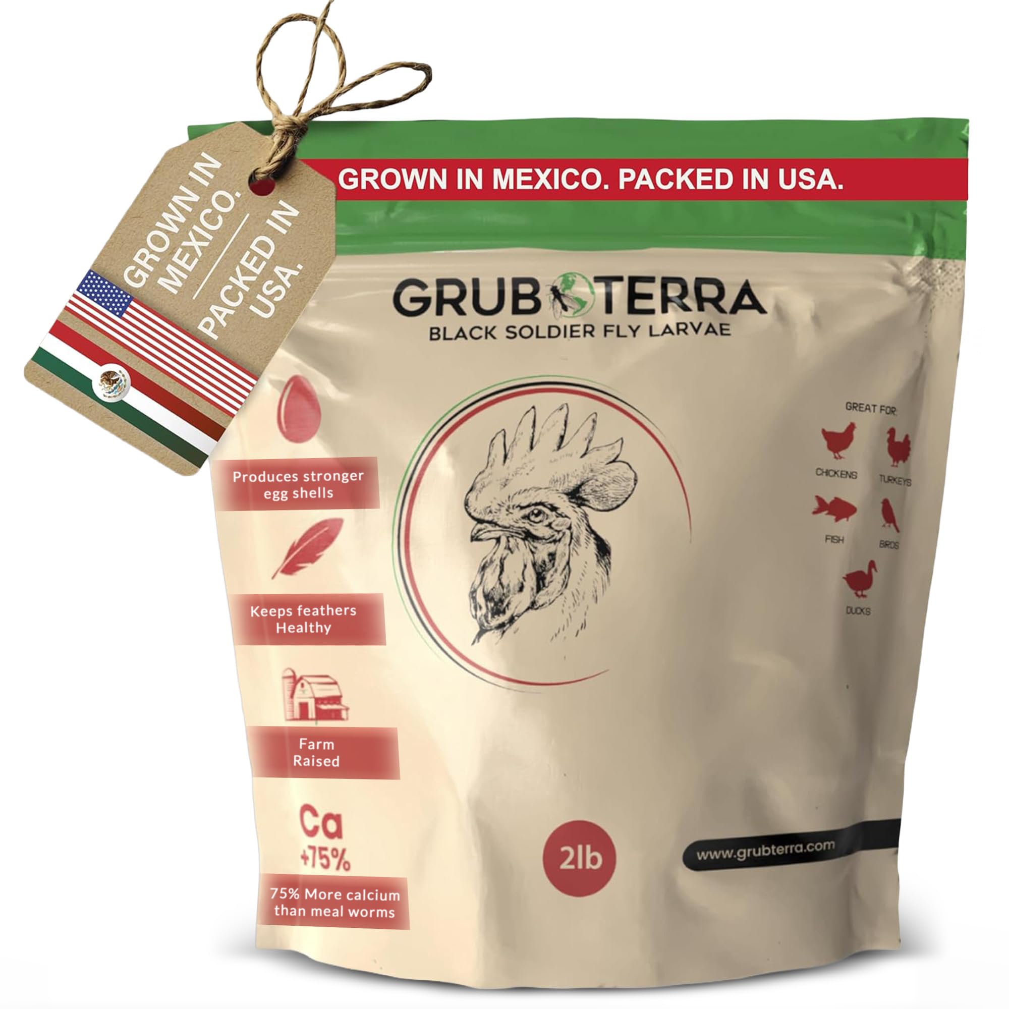 GrubTerra BSFL dried larvae in a bag, a protein-rich backyard chicken treat.
