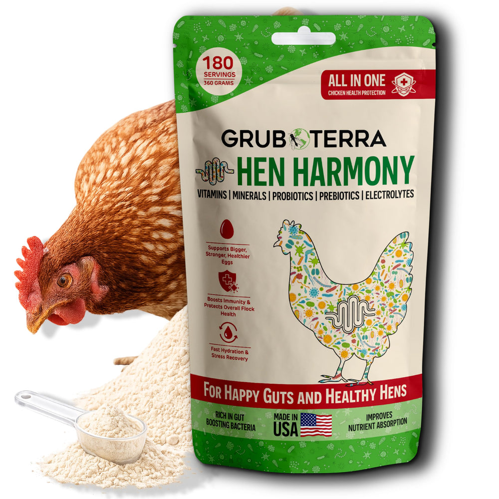 GrubTerra Hen Harmony bottle label shows electrolytes, probiotics, and vitamins