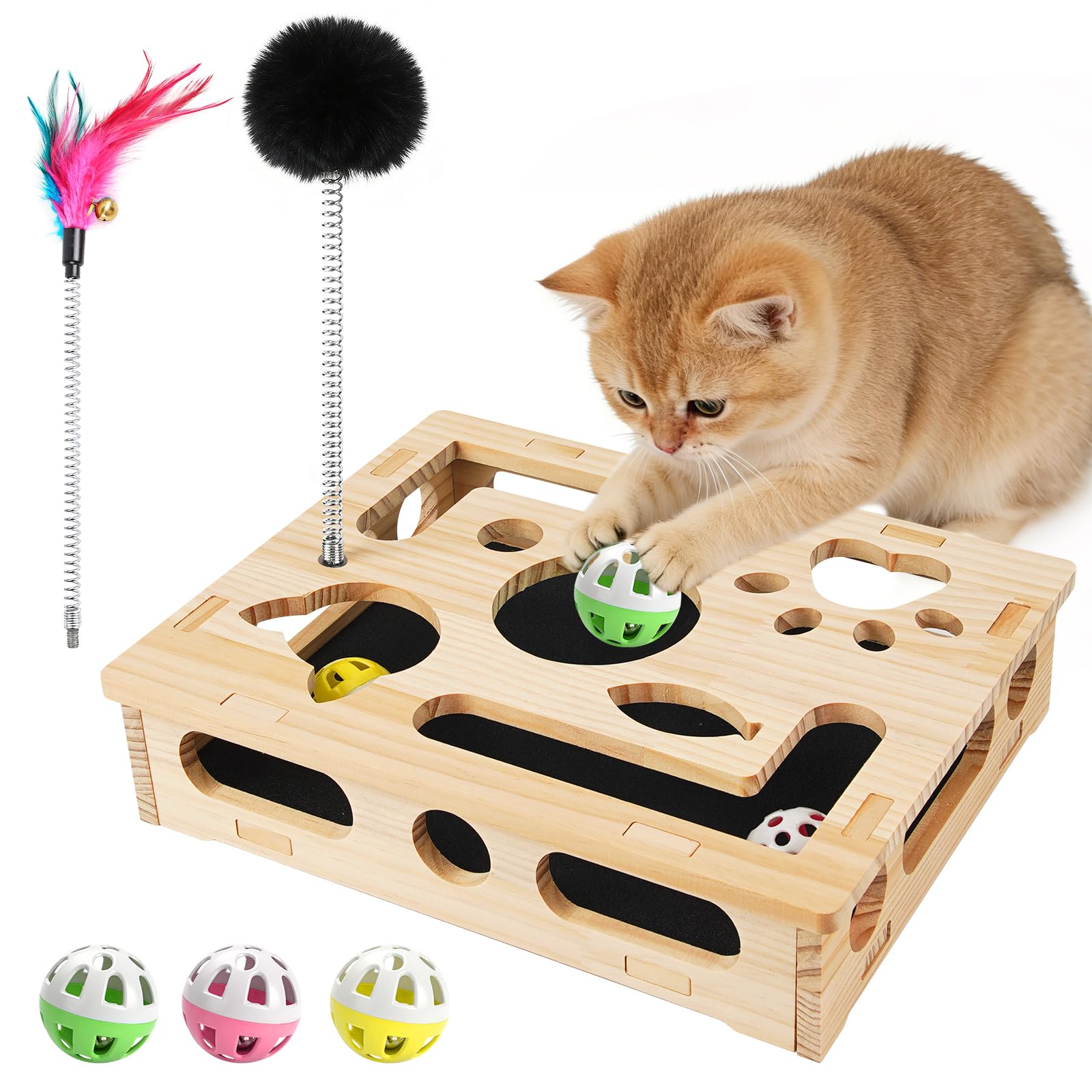 GTian wooden cat puzzle box with 3 balls sparks curiosity and enrichment.