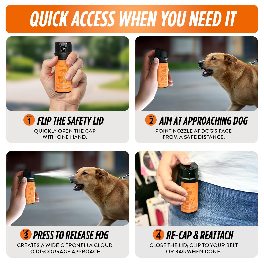 Guard Dog Security citronella spray bottle close-up highlighting natural, non-toxic formula.