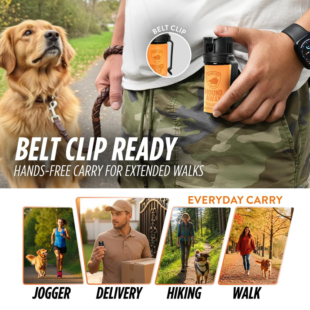 Guard Dog Security spray clipped to belt or leash for easy access on walks.