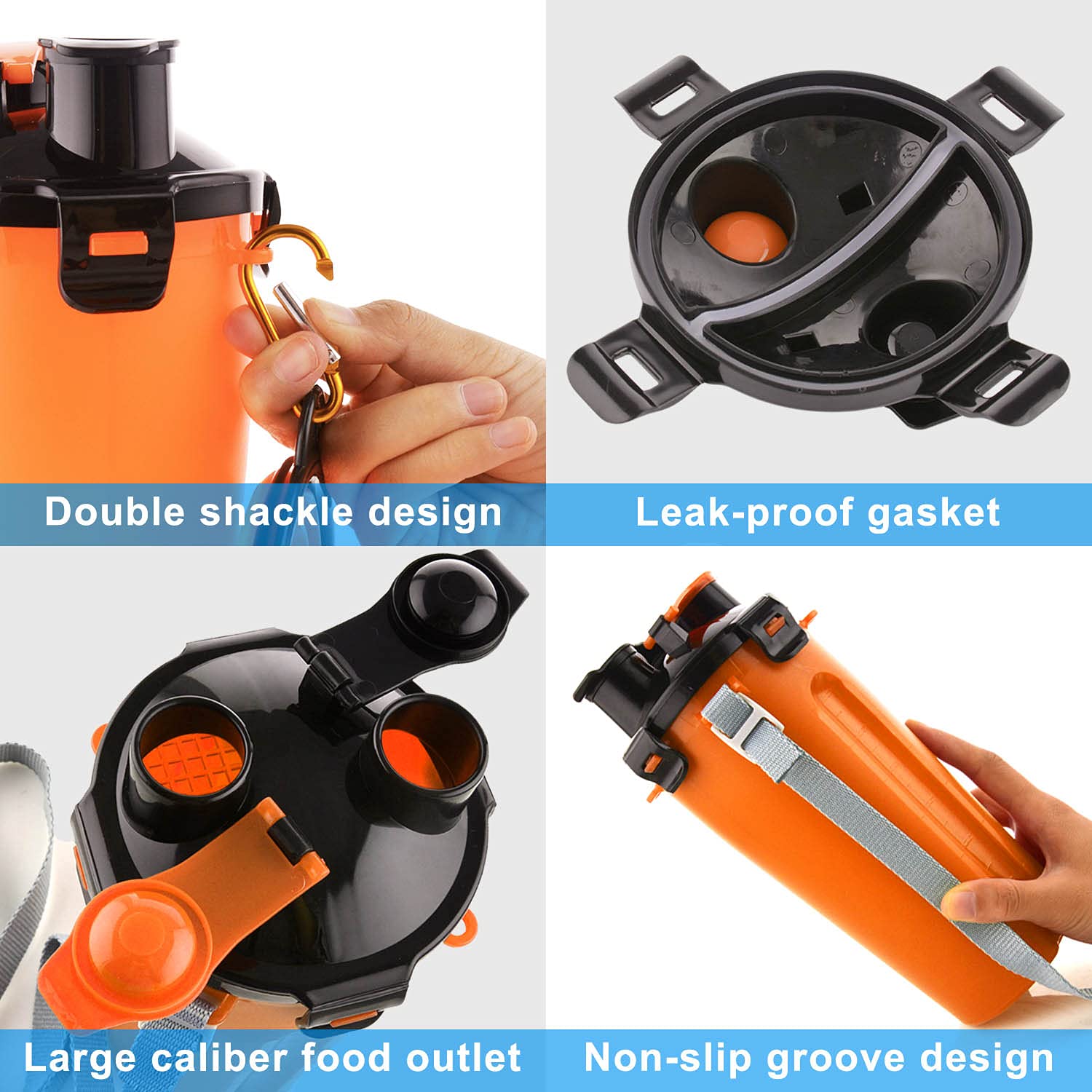 Included carabiners secure the bottle to belts, backpacks, or leashes.