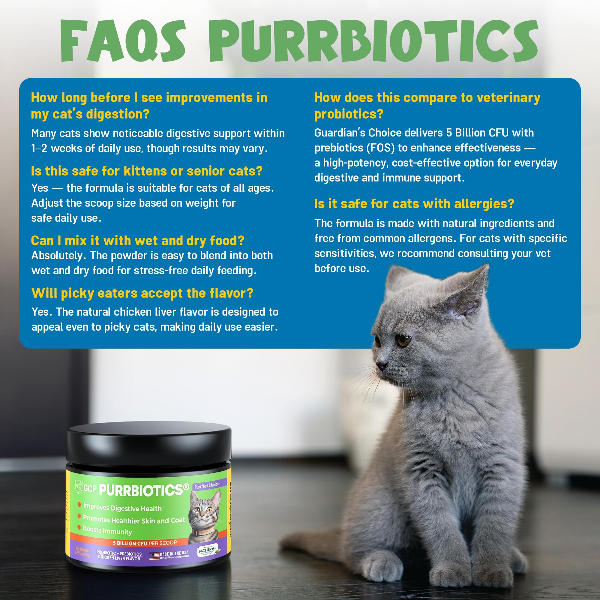 Guardian’s Choice Purrbiotics jar with a clear lid for easy access.