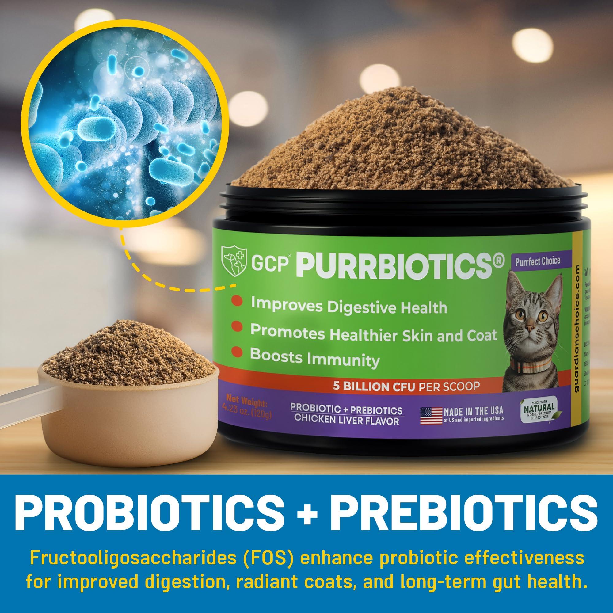 Guardian’s Choice Purrbiotics jar on pantry shelf.