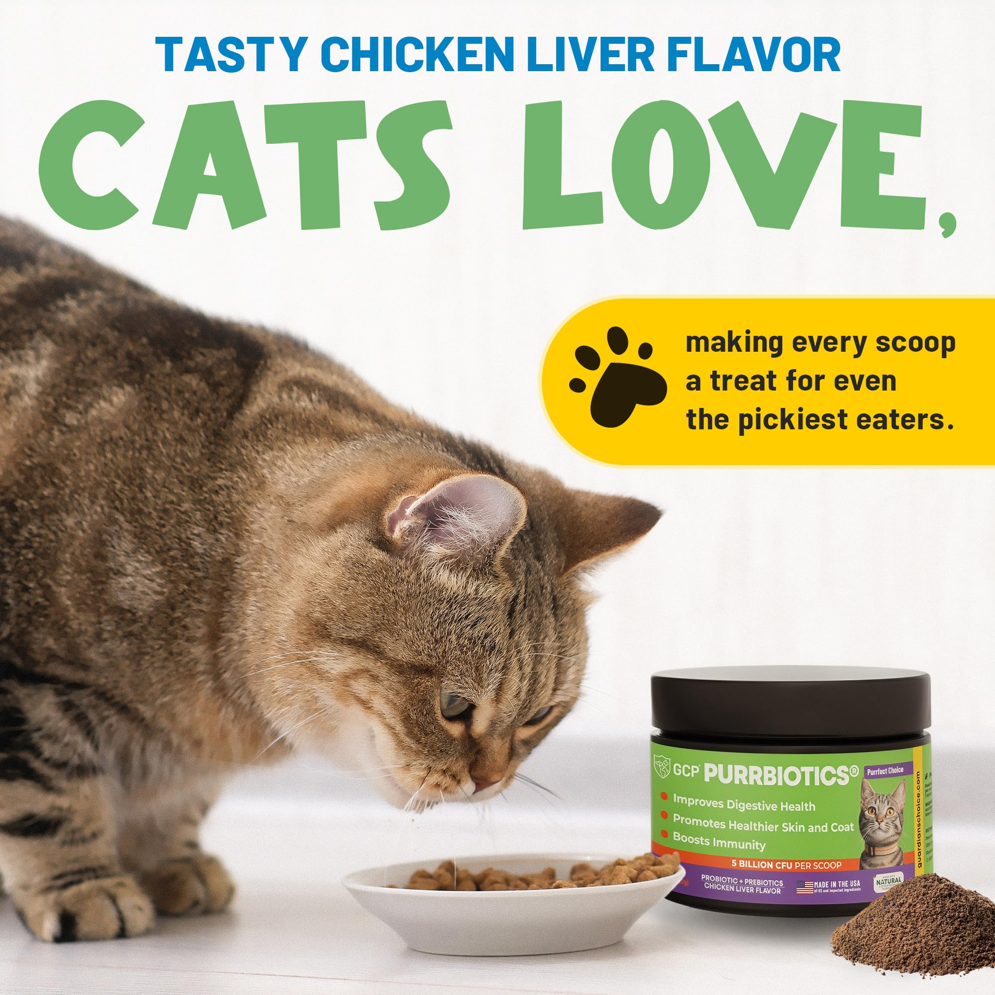 Guardian’s Choice Purrbiotics being mixed into cat food.