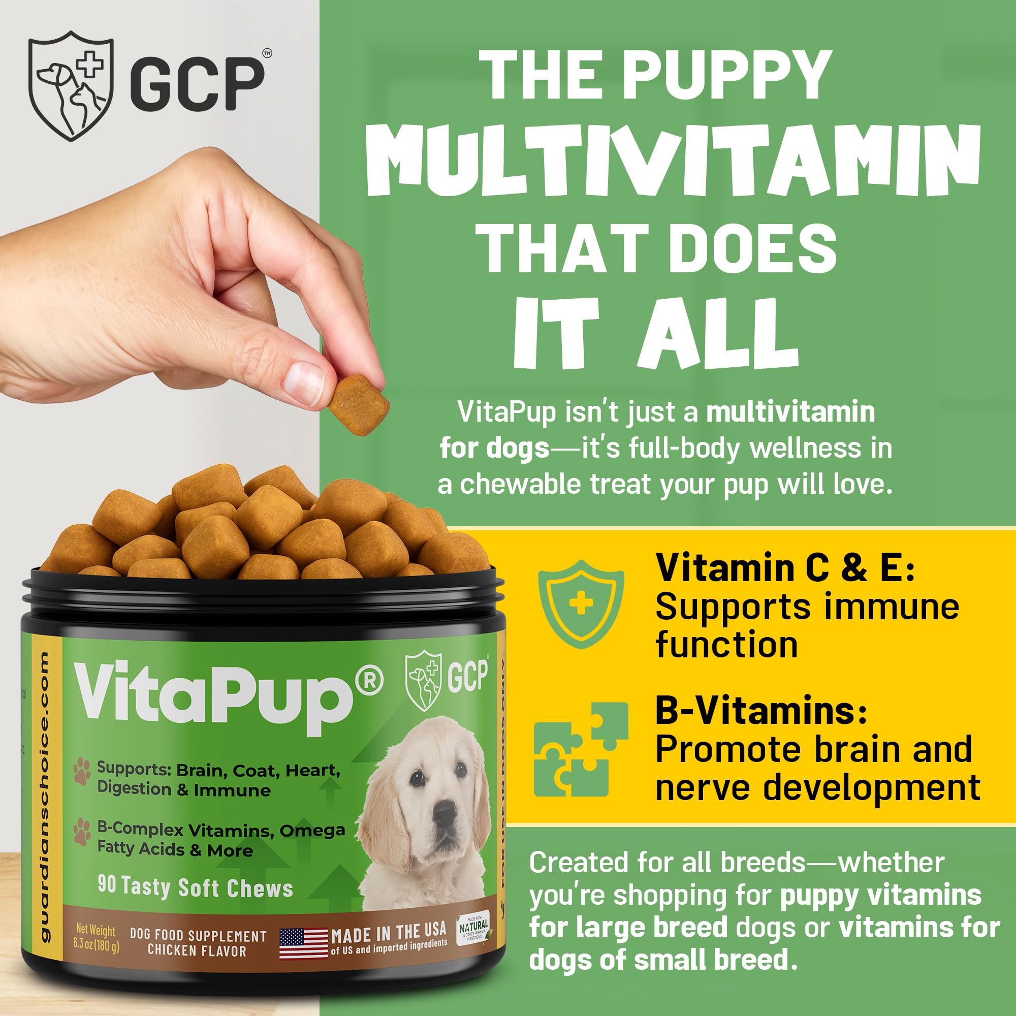 Guardian's Choice VitaPup puppy chews texture closeup highlights soft bite and tasty chicken flavor.