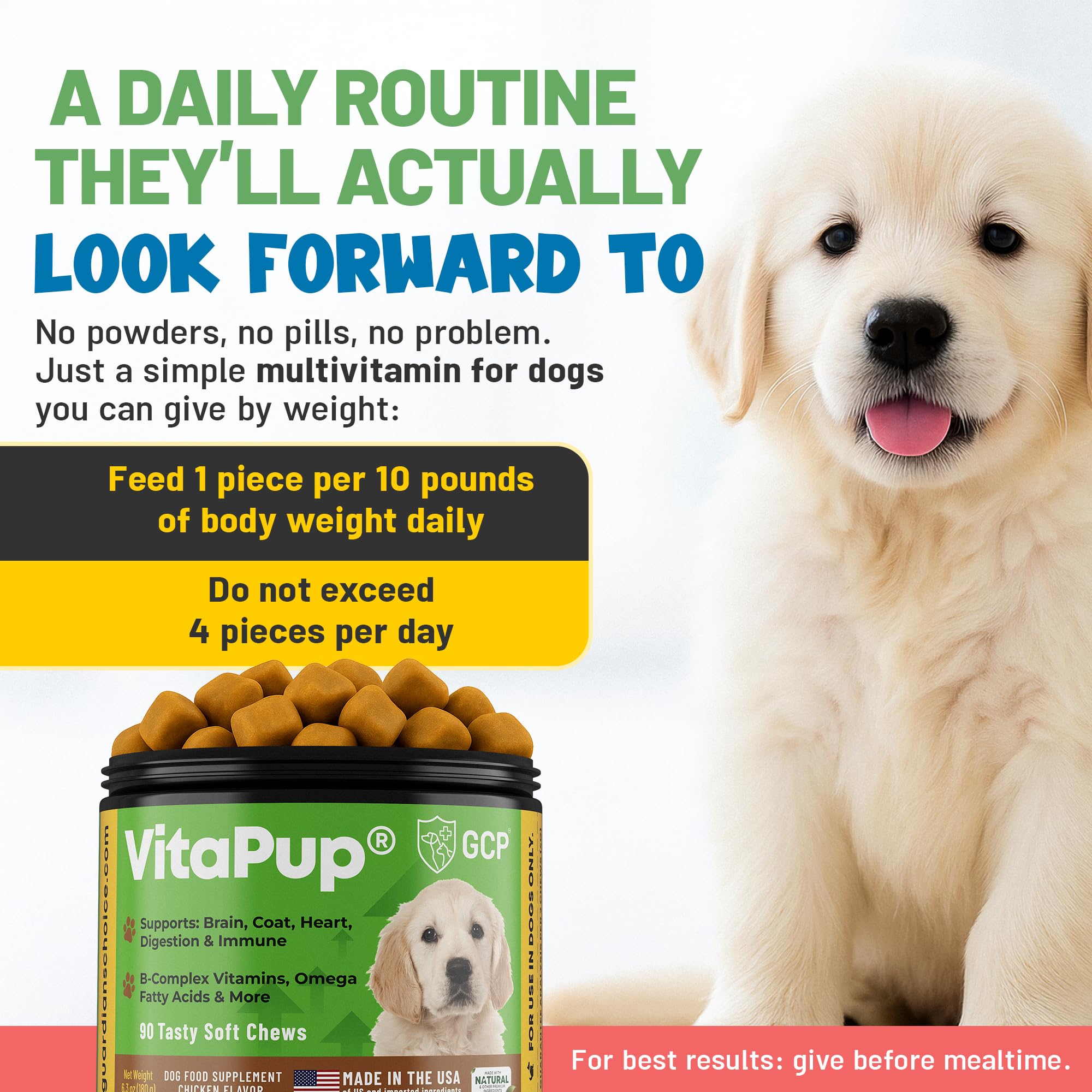 Guardian's Choice VitaPup daily multivitamin benefits in a convenient jar.