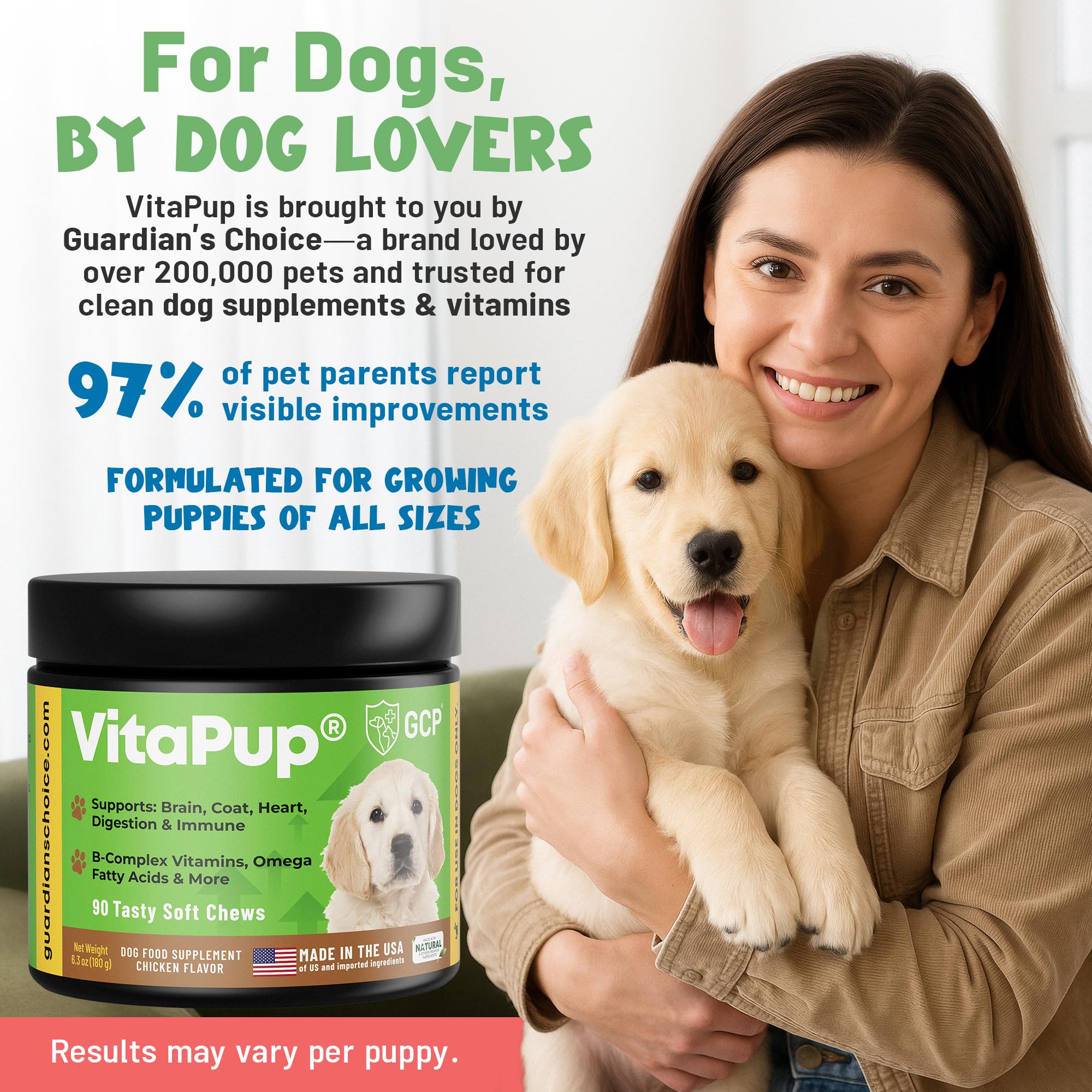 Guardian's Choice VitaPup soft chews jar emphasizes gentle texture for small mouths.