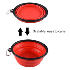 Guardians travel dog bowl with red carabiner attached to backpack.