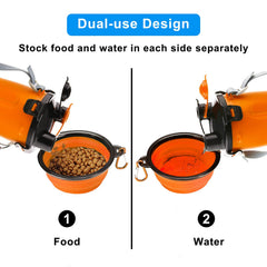 Two-chamber container separates food and water to prevent mixing during outings.