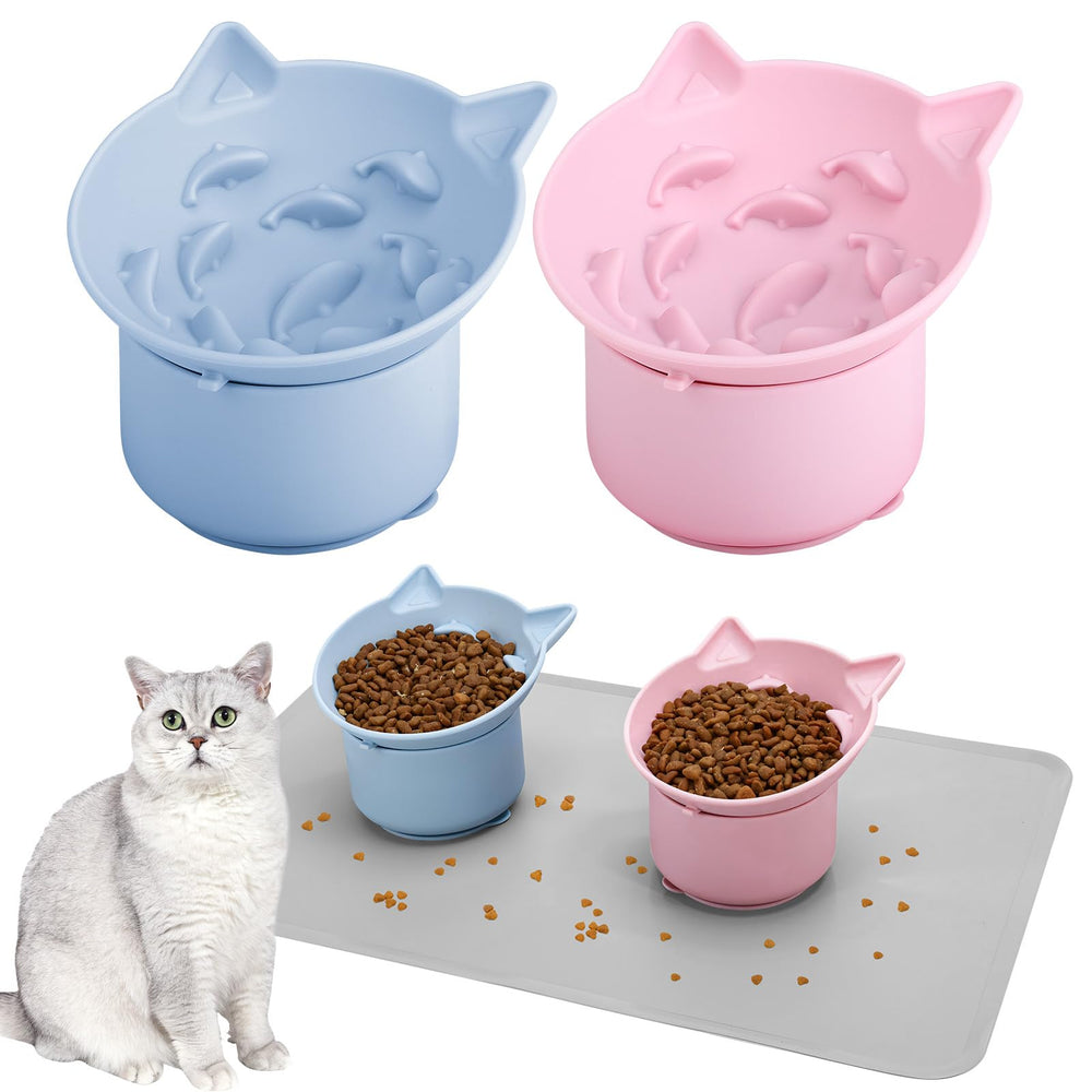Guiqulai pink and blue slow-feeder cat bowls promote calm meals.