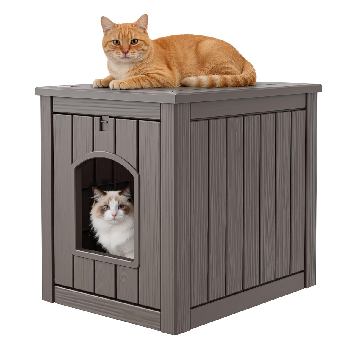 GULAIMOAO outdoor cat house front view, weatherproof resin shelter for outdoor felines.