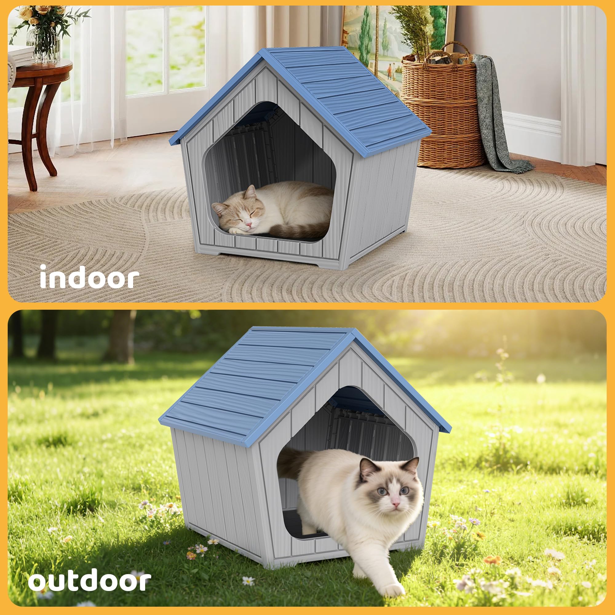 GULAIMOAO Outdoor Cat House assembly photo demonstrating tool-free setup.