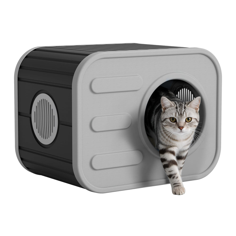 GULAIMOAO outdoor cat house with a camera design provides stylish patio shelter for cats.