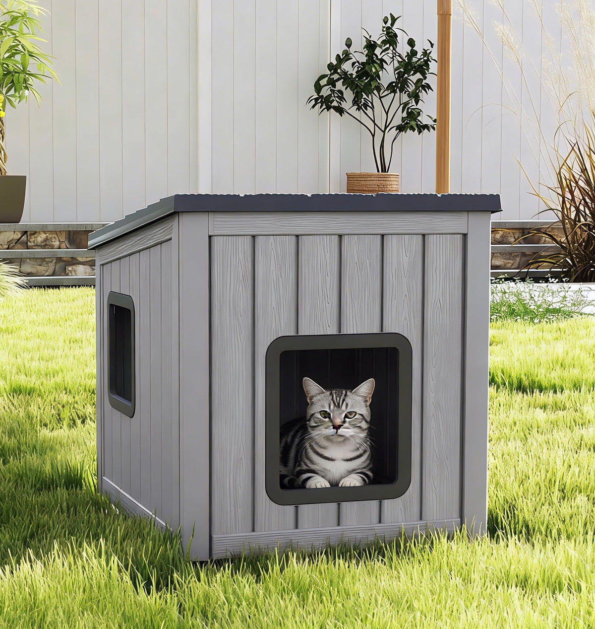 GULAIMOAO outdoor cat house front view, weatherproof shelter for outdoor cats.