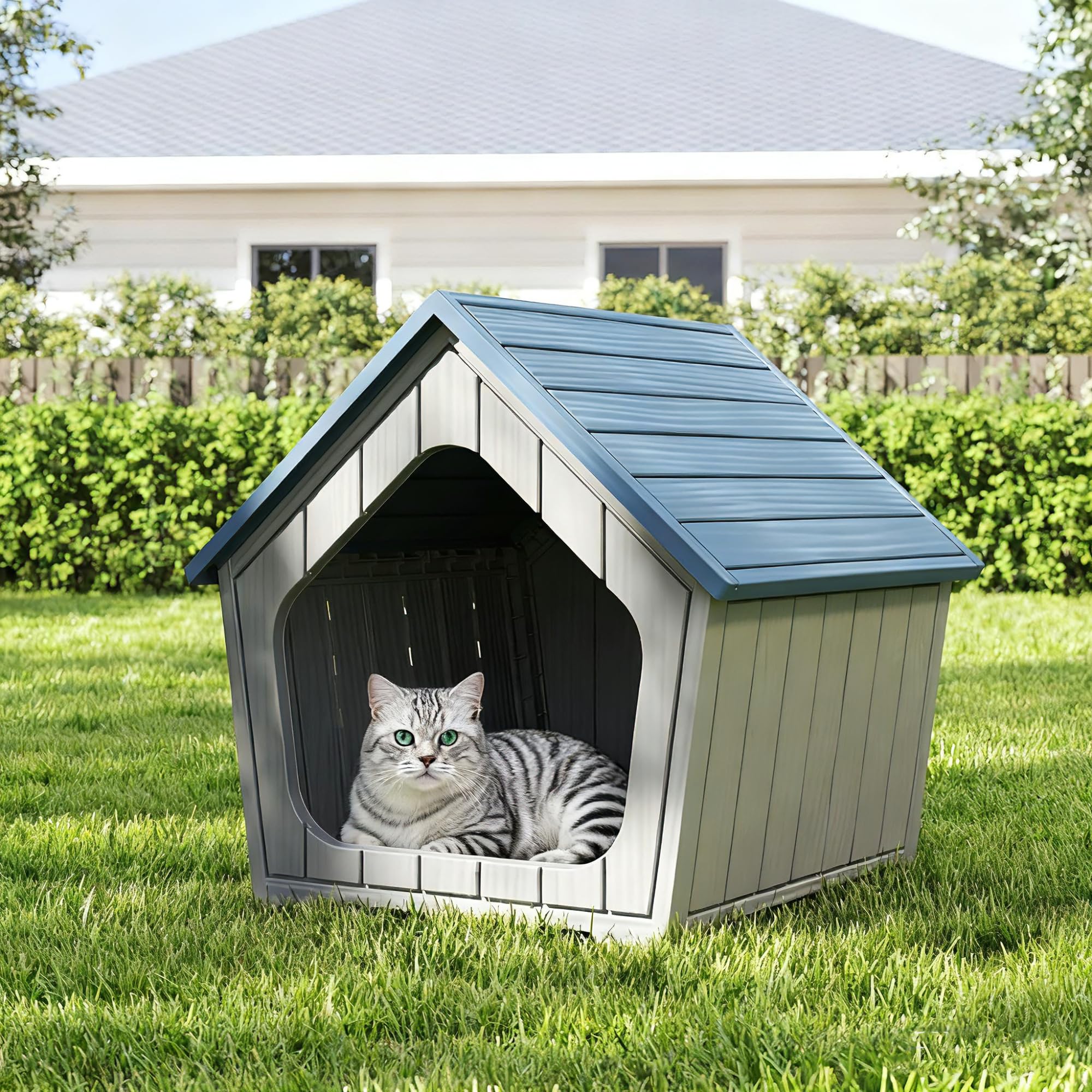 GULAIMOAO Outdoor Cat House front view highlighting weatherproof design for outdoor use.