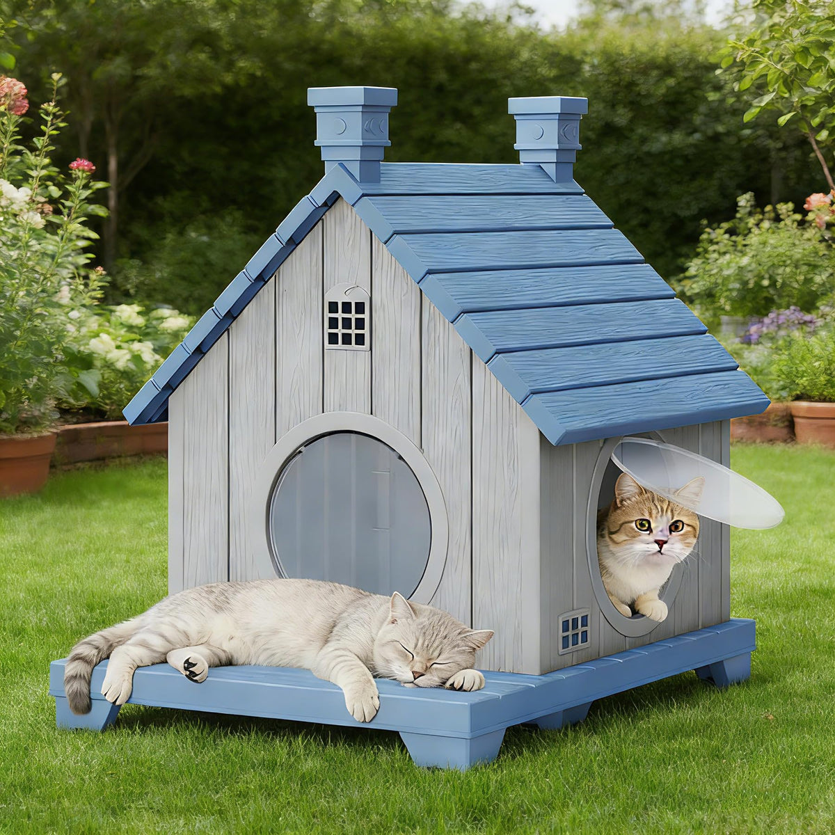 GULAIMOAO weatherproof outdoor cat house in blue provides durable all weather shelter for pets.