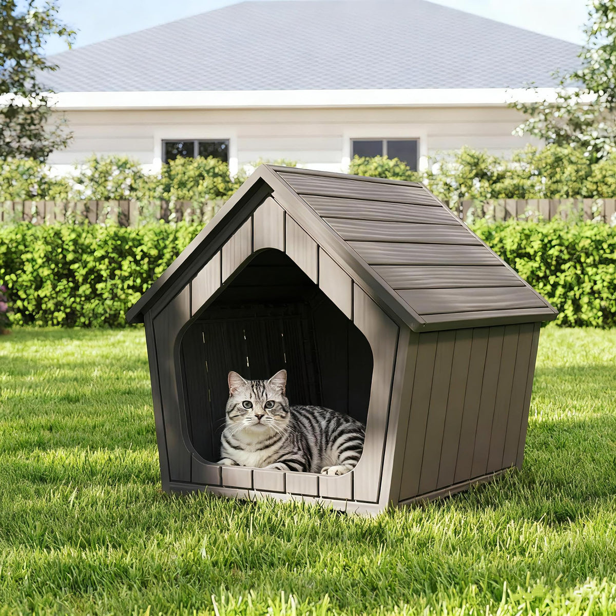 GULAIMOAO outdoor cat house in coffee color with weatherproof design for year-round use.