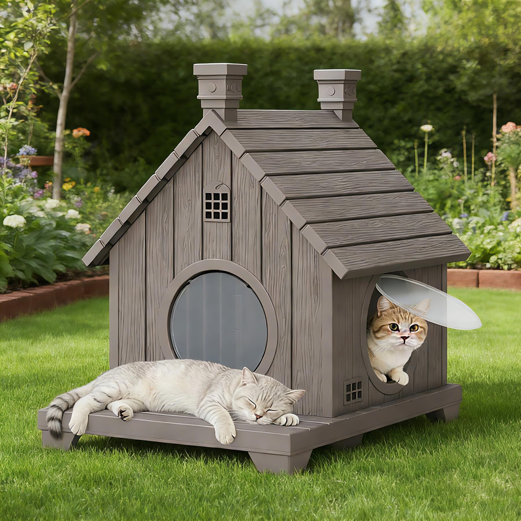 GULAIMOAO outdoor cat house front view showing weatherproof resin and shelter durability