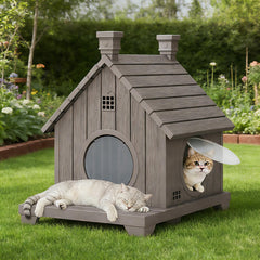 GULAIMOAO outdoor cat house front view showing weatherproof resin and shelter durability