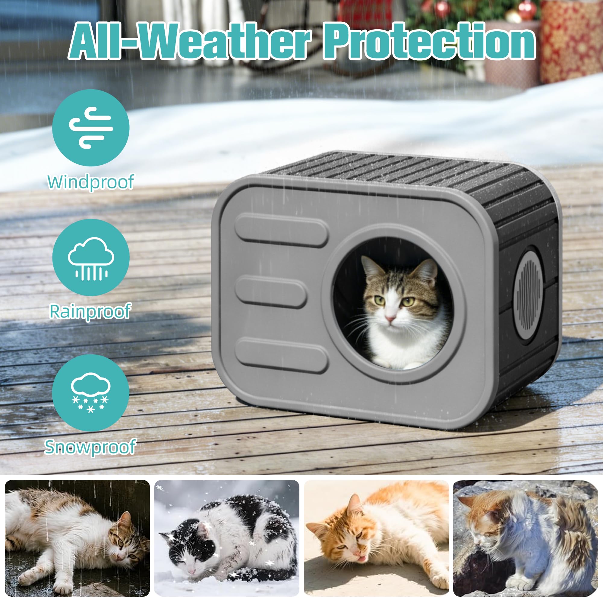 GULAIMOAO weatherproof resin cat house resists rain and sun for outdoor use.