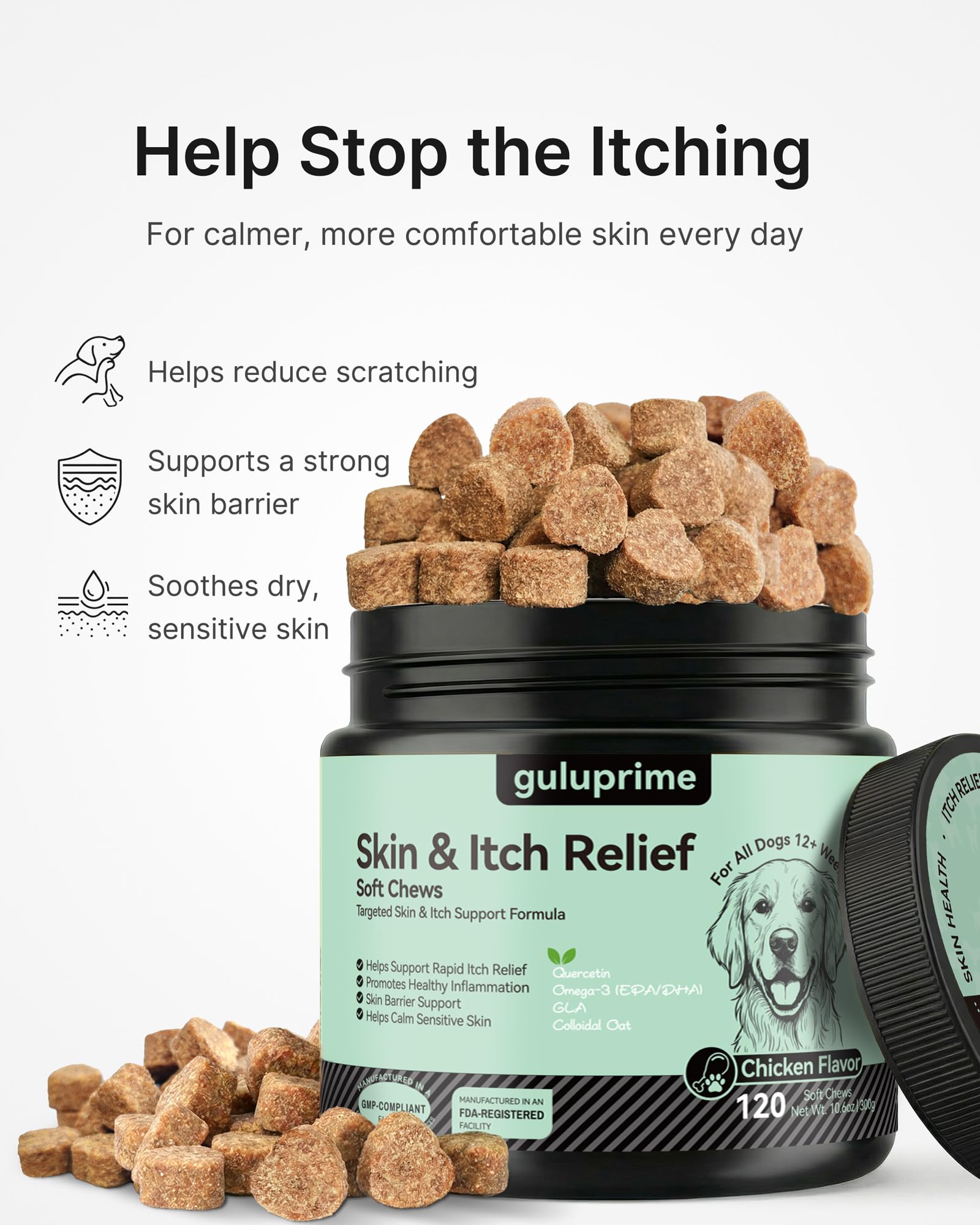 Guluprime daily skin support promotes balanced skin on dogs