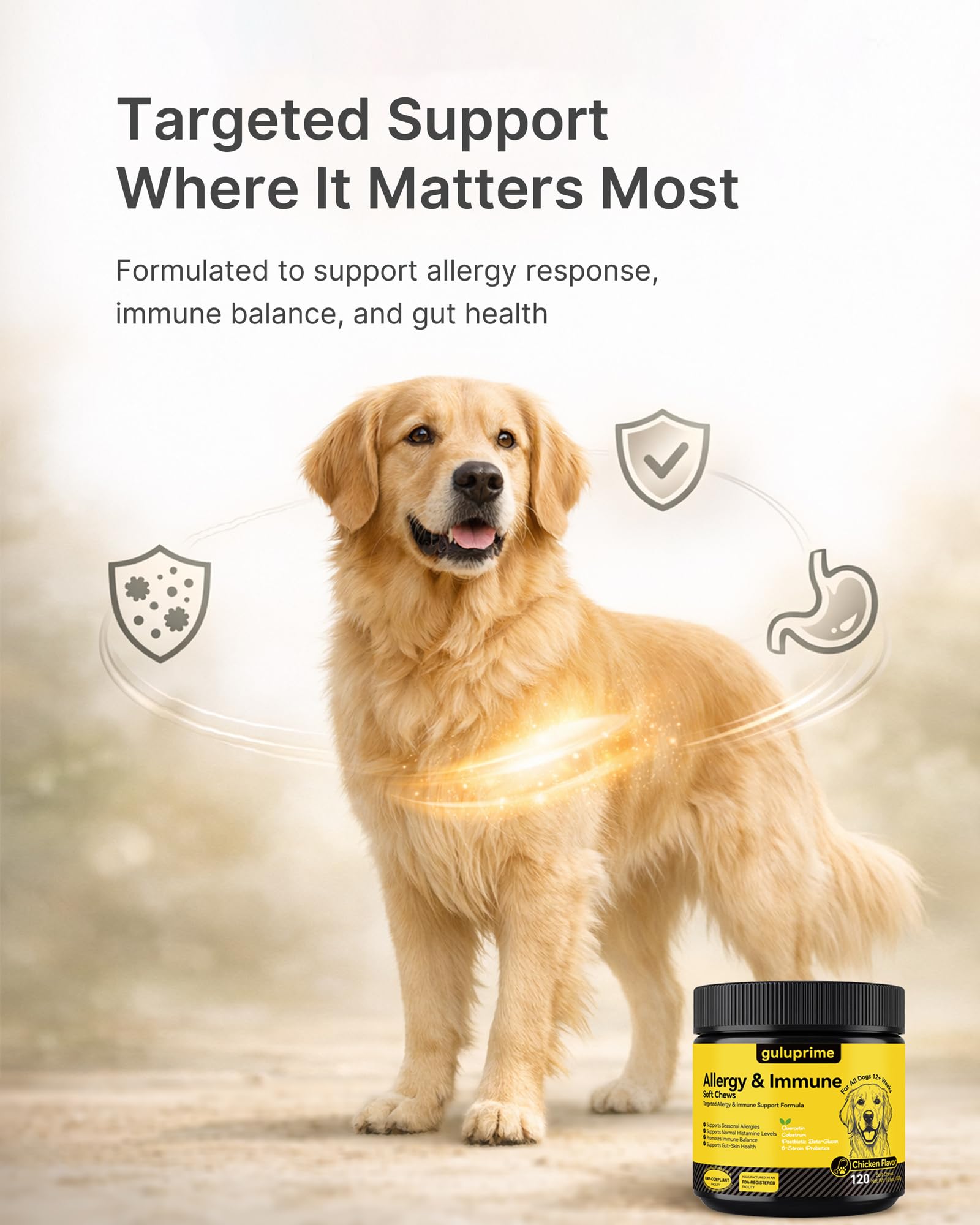 Guluprime dog allergy chews ingredients panel highlights gut health support