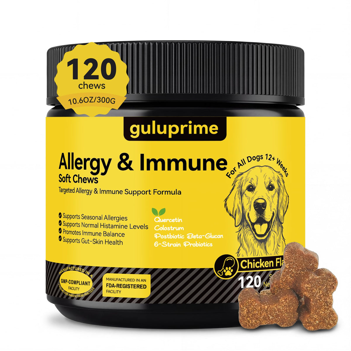 Guluprime dog allergy chews packaging highlights daily support for seasonal sensitivities