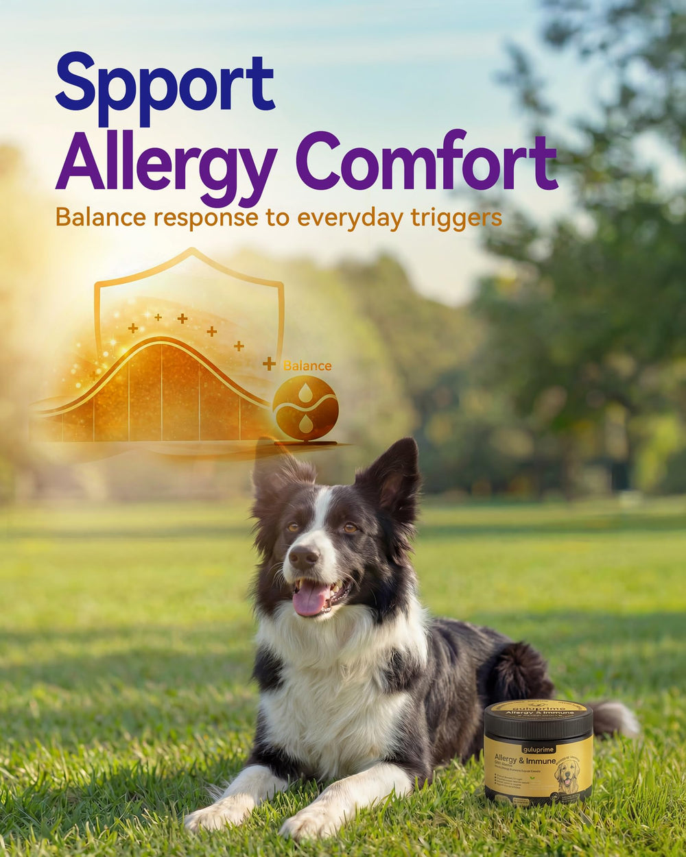 Guluprime dog allergy relief chews shown as part of daily routine.