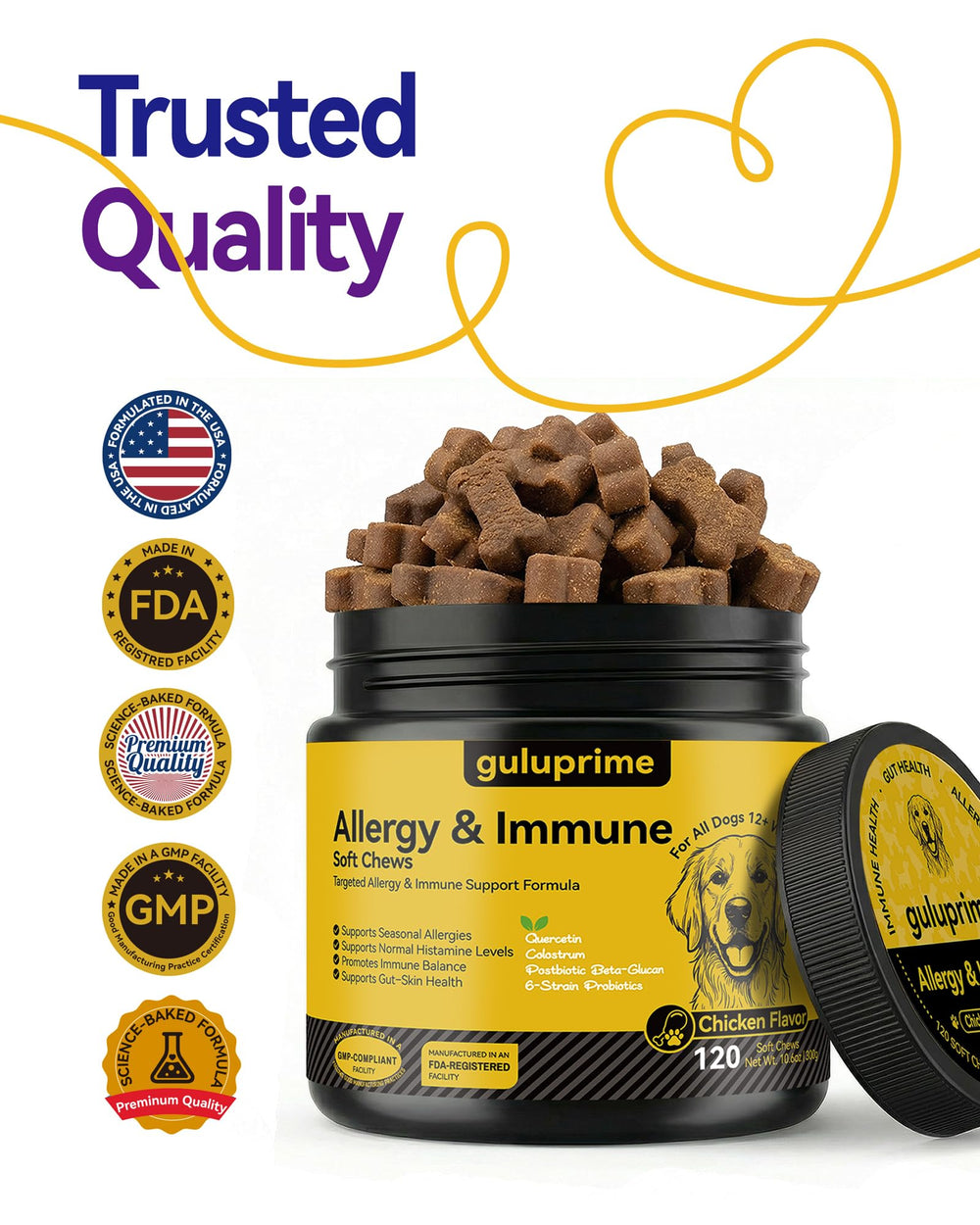 Guluprime dog allergy relief chews flavorful, enticing for daily treats.
