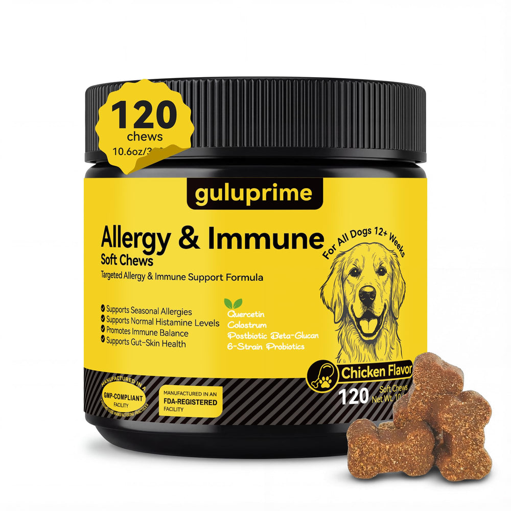 Guluprime dog allergy relief chews packaging for easy daily use.