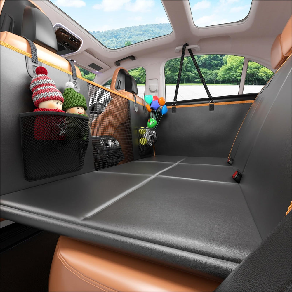 Gusil back seat extender with hard bottom offers secure space during car travel.