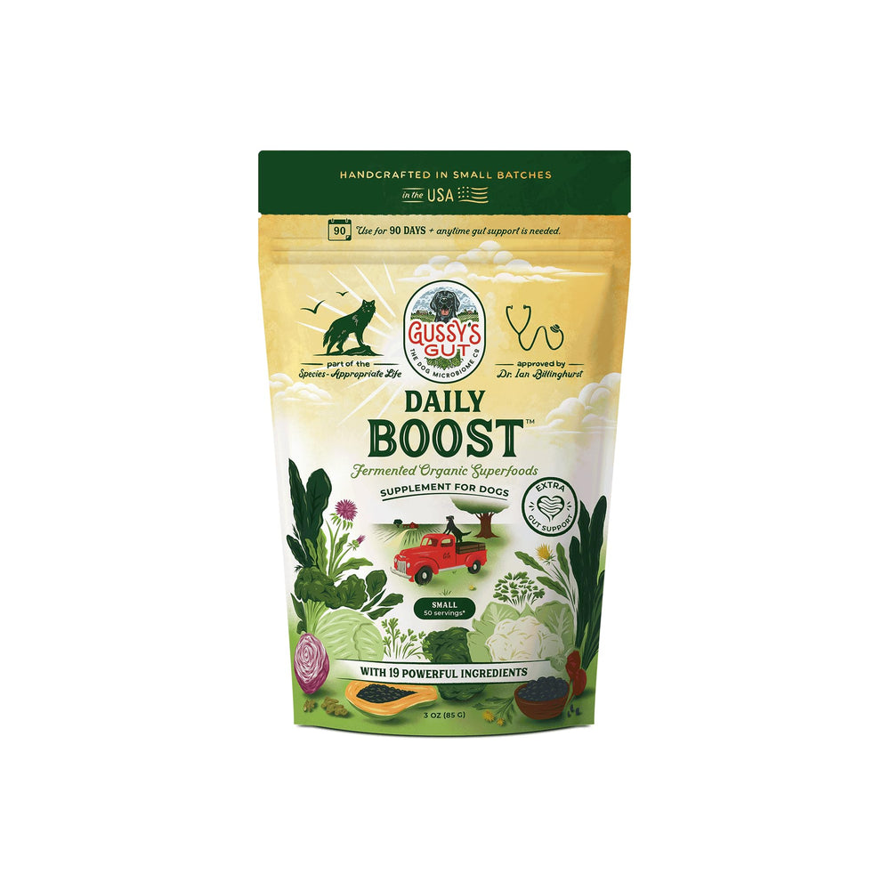 Gussy's Gut Daily Boost bottle close-up highlighting canine gut health support