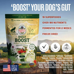 Gussy's Gut Daily Boost label close-up showing the 19-ingredient probiotic blend